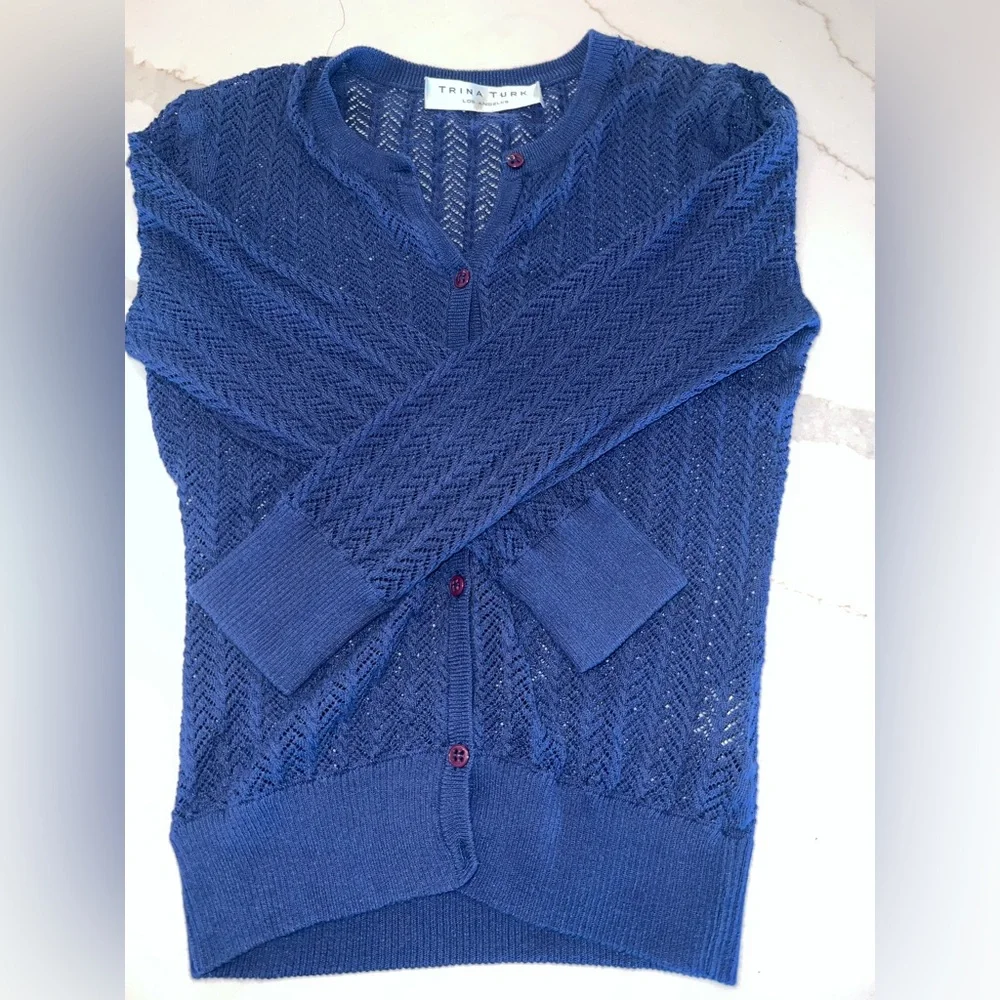 TRINA TURK blue herringbone open weave cotton/nylon cardigan, size small